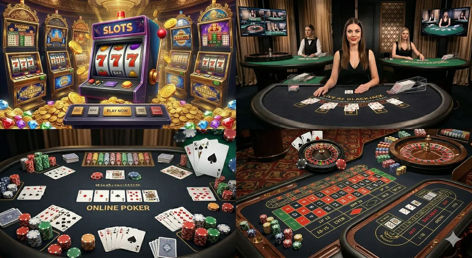 Online gaming collage — slots, live dealer tables, online poker, roulette